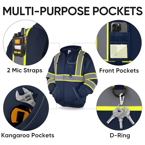 TICONN High Visibility Safety Sweatshirt Hoodie, Reflective Hi-Vis ANSI Class 3 Fleece Zippered Hooded Jacket for men and women (Navy, S) - Image 3