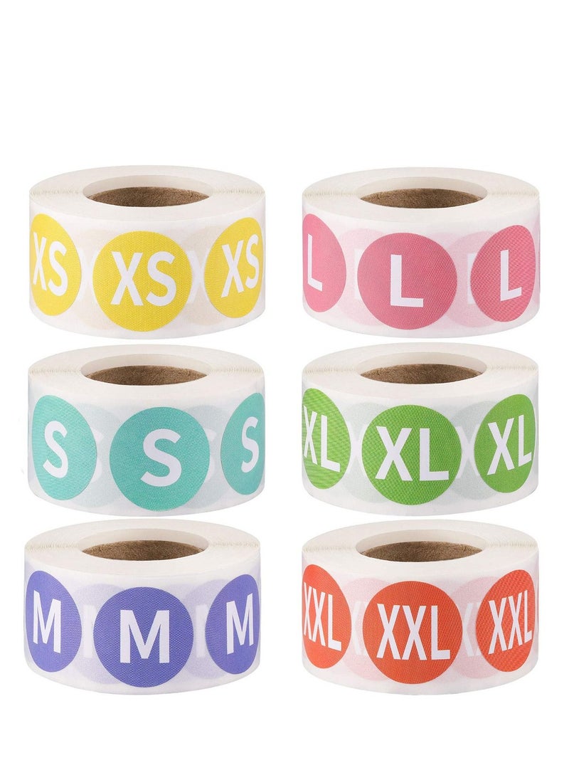 Y&D - Clothing Size Sticker Labels 7/8 Inch 3000 Pieces Colorful Coded Adhesive Round Labels 6 Rolls Sizes (XS S M, L XL XXL) - Image 1