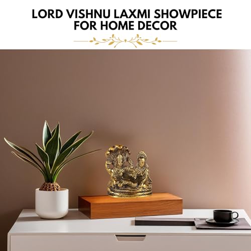 HEYEARTH Lord Vishnu Laxmi Idol for Mandir Pooja, Brass Lakshmi Vishnu Idol God Goddess Statues Religious Deity Laxmi Vishnu Resting On Sheshnaag - Gold - 3.9 x 3.2 Inch - Image 3