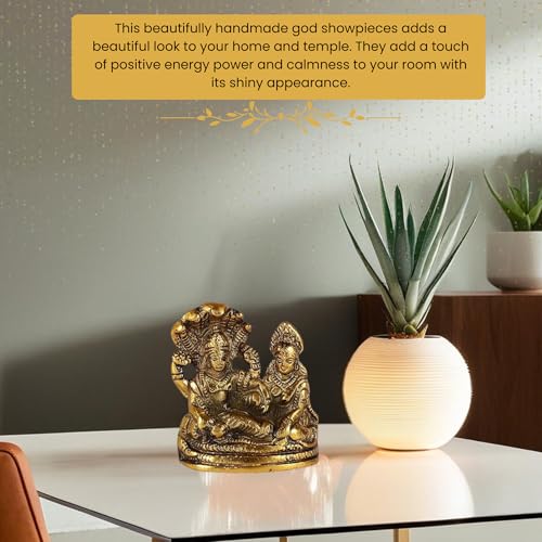 HEYEARTH Lord Vishnu Laxmi Idol for Mandir Pooja, Brass Lakshmi Vishnu Idol God Goddess Statues Religious Deity Laxmi Vishnu Resting On Sheshnaag - Gold - 3.9 x 3.2 Inch - Image 5