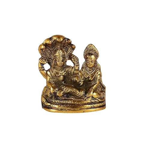 HEYEARTH Lord Vishnu Laxmi Idol for Mandir Pooja, Brass Lakshmi Vishnu Idol God Goddess Statues Religious Deity Laxmi Vishnu Resting On Sheshnaag - Gold - 3.9 x 3.2 Inch - Image 1