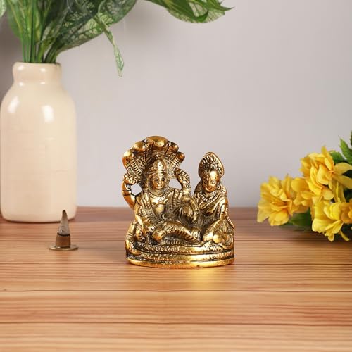 HEYEARTH Lord Vishnu Laxmi Idol for Mandir Pooja, Brass Lakshmi Vishnu Idol God Goddess Statues Religious Deity Laxmi Vishnu Resting On Sheshnaag - Gold - 3.9 x 3.2 Inch - Image 2