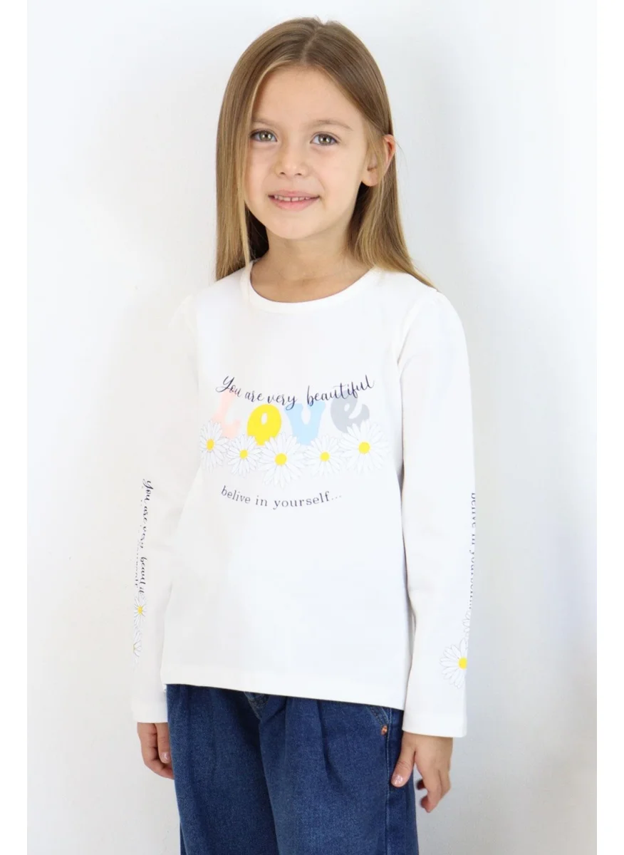 بريز Girls Long Sleeve T-Shirt Colorful Text Printed Floral 3-8 Years, Ecru