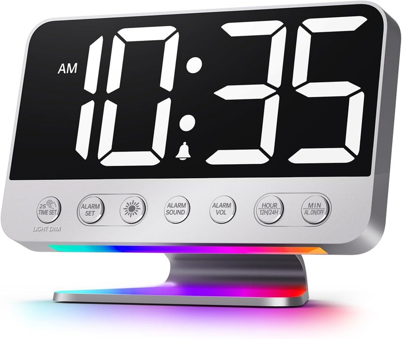 Odokee Digital Alarm Clocks for Bedrooms: Large Bold Number 5 Brightness Dimmer - Easy to Read Across The Room - 5 Alarm Sound 8 Night Light - Silver - Image 1