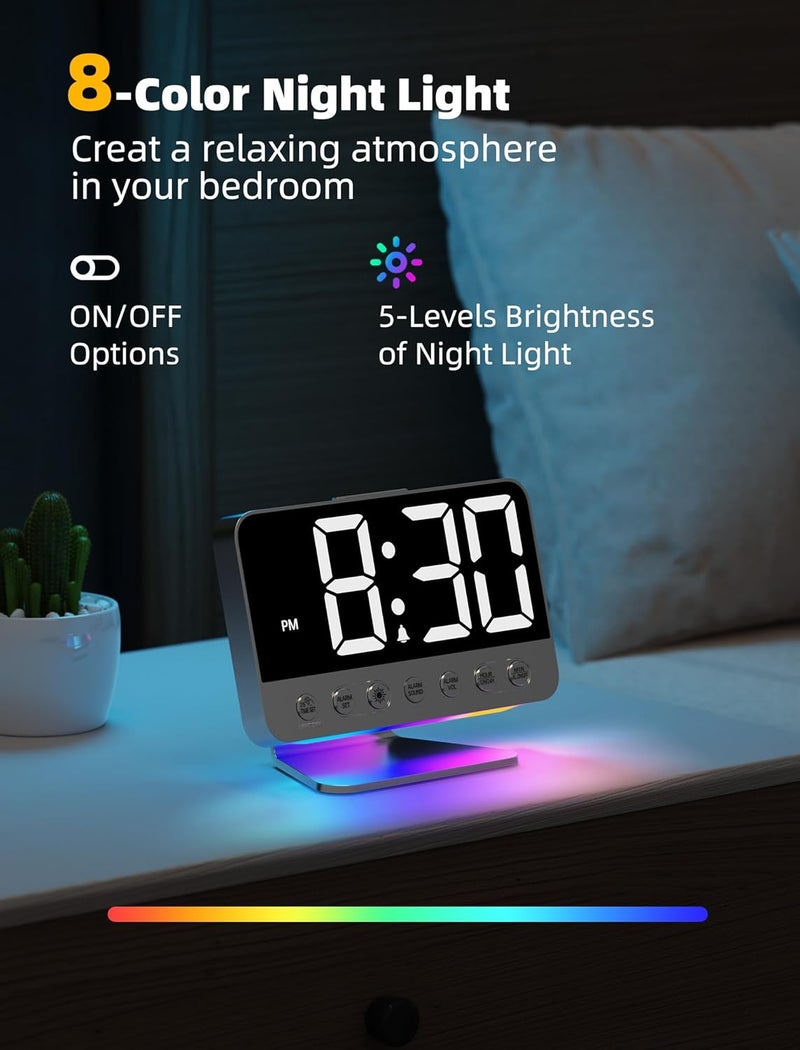 Odokee Digital Alarm Clocks for Bedrooms: Large Bold Number 5 Brightness Dimmer - Easy to Read Across The Room - 5 Alarm Sound 8 Night Light - Silver - Image 5
