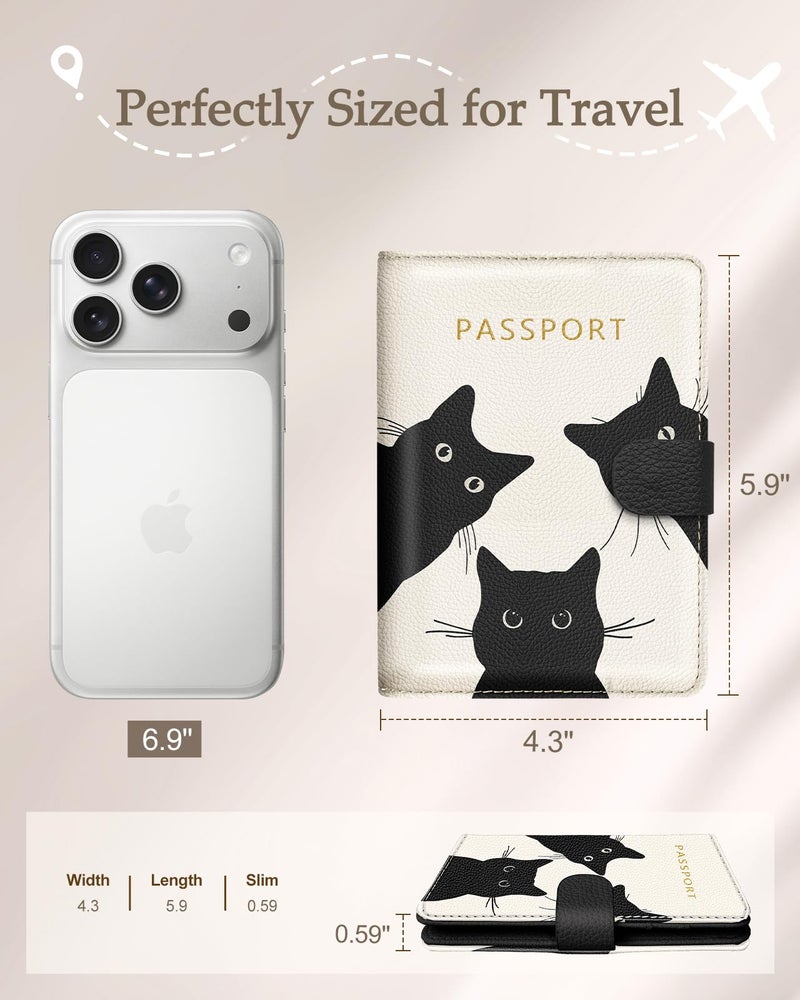 Slohif Passport Wallet Holder Cover for Travel - Women Men RFID Blocking Passport Book Case Protector, Cream Cute Black Cat Leather Personalized Organizer Slim Carrier Boarding Pass Cards Slots - Image 3