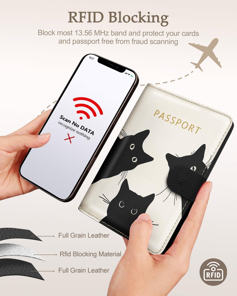 Slohif Passport Wallet Holder Cover for Travel - Women Men RFID Blocking Passport Book Case Protector, Cream Cute Black Cat Leather Personalized Organizer Slim Carrier Boarding Pass Cards Slots - Image 5