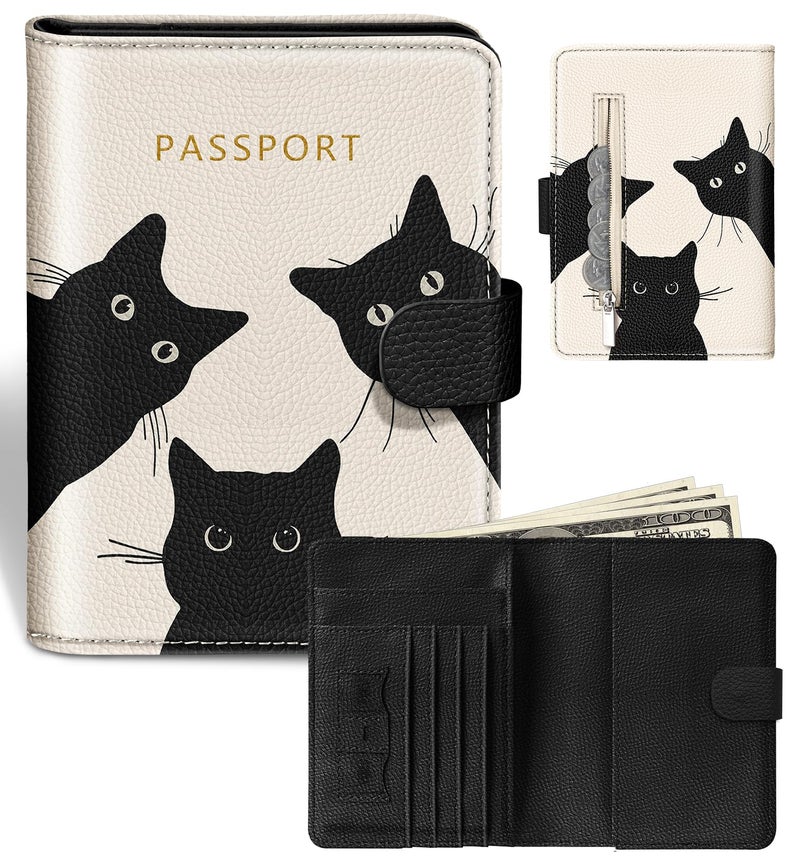 Slohif Passport Wallet Holder Cover for Travel - Women Men RFID Blocking Passport Book Case Protector, Cream Cute Black Cat Leather Personalized Organizer Slim Carrier Boarding Pass Cards Slots - Image 1