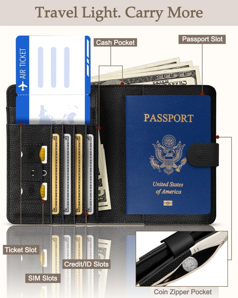 Slohif Passport Wallet Holder Cover for Travel - Women Men RFID Blocking Passport Book Case Protector, Cream Cute Black Cat Leather Personalized Organizer Slim Carrier Boarding Pass Cards Slots - Image 2