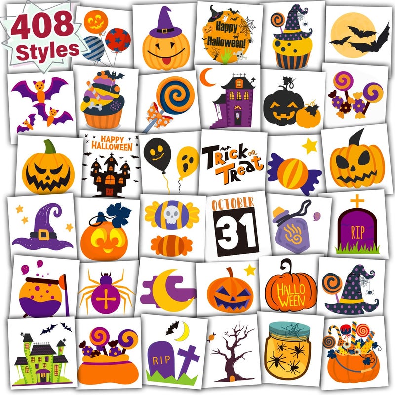 Partywind 408 PCS Halloween Tattoos for Kids Party Decorations Halloween Treats for Party Supplies Favors Goodie Bag Stuffers Games for Boys Girls Individually Wrapped Sheets