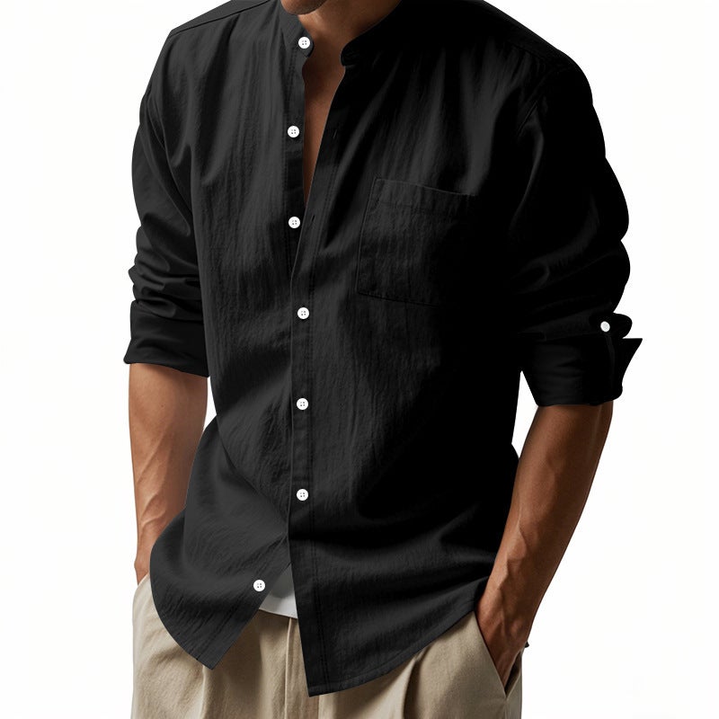 2026 Spring/Autumn Linen Shirt Stand Collar Long Sleeve Breathable New Chinese Style Chest Pocket - Image 2