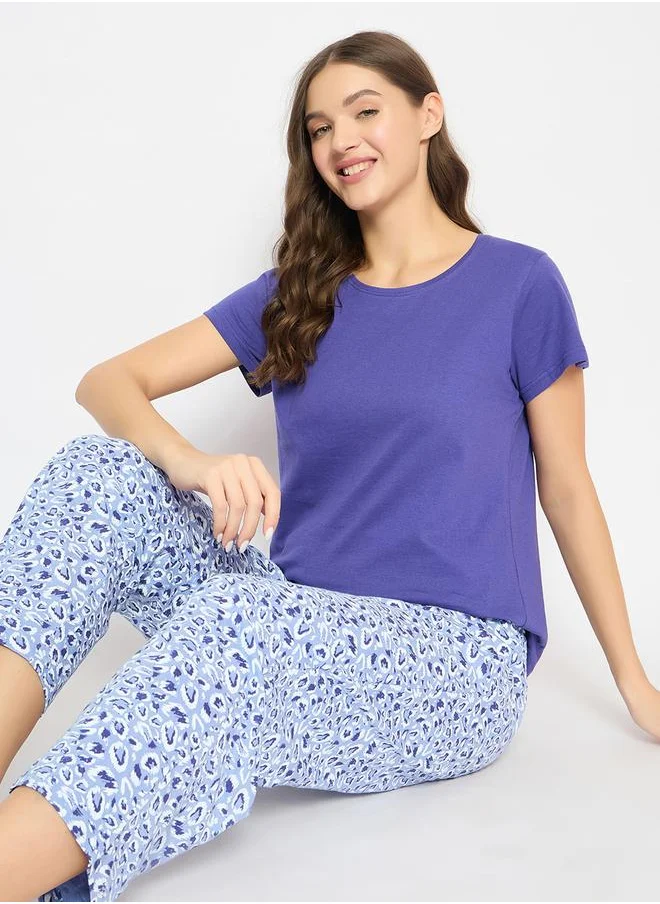 Clovia Clovia Solid Round Neck T-Shirt and Printed Pyjama Set