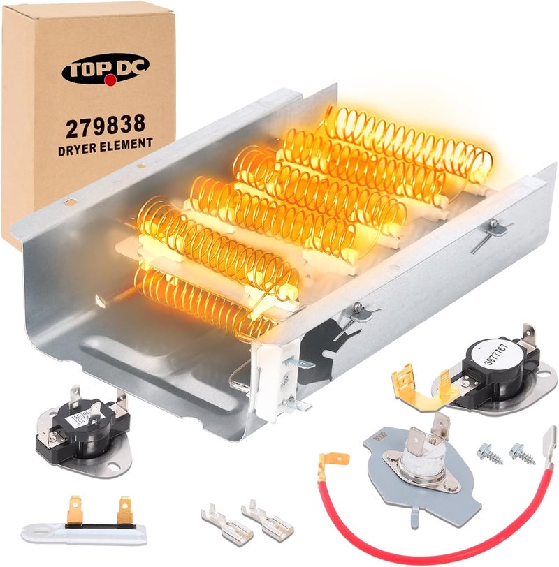 TOPDC 【2025 Upgraded】 279838 Dryer Heating Element with Thermostat & Thermal Fuse Kit for Whirlpool Kenmore Maytag Amana Roper Admiral 70/80 Series 110 Model - Image 1