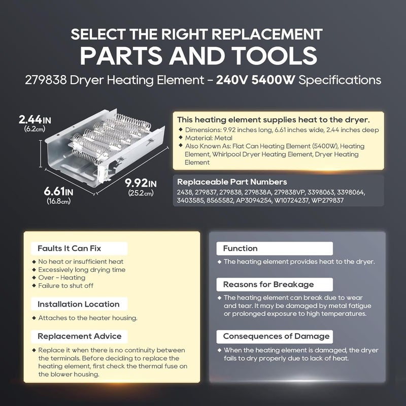 TOPDC 【2025 Upgraded】 279838 Dryer Heating Element with Thermostat & Thermal Fuse Kit for Whirlpool Kenmore Maytag Amana Roper Admiral 70/80 Series 110 Model - Image 5