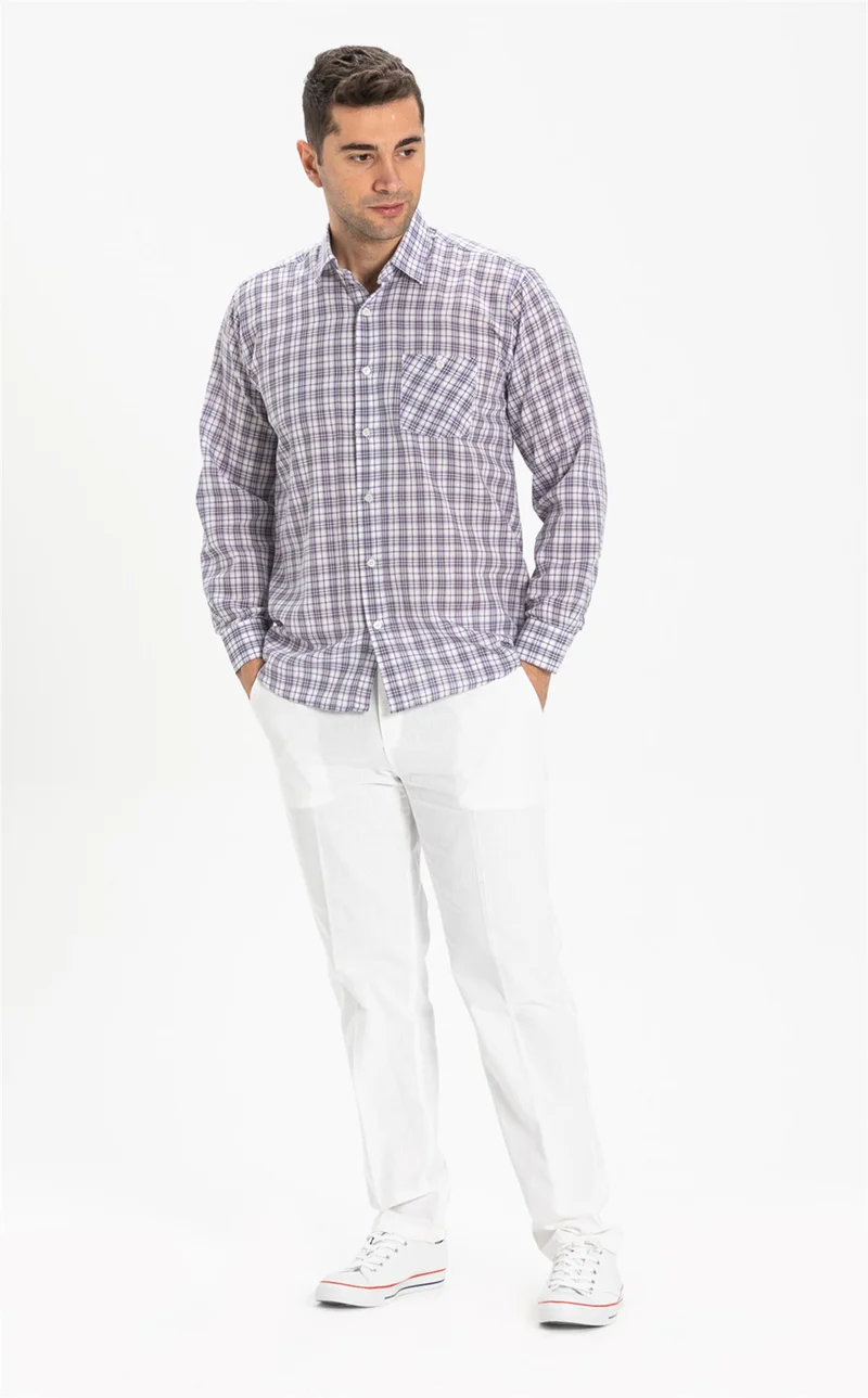 اليش شيل بيزي Long Sleeve Şile Cloth Single Pocket Men's Shirt Purple Check 3035