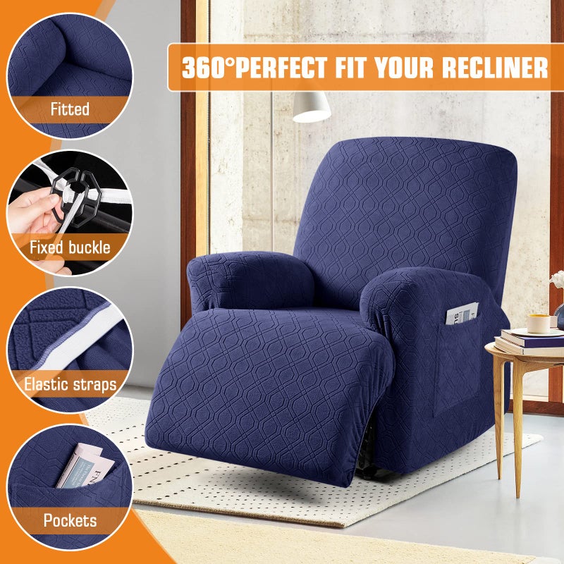 VANSOFY Oversized Recliner Chair Cover, 4-Pieces Stretch Recliner Covers for Recliner Chair Soft Reclining Chair Slipcover Jacquard Pattern Furniture Protector for Dogs Cats(Navy Blue) - Image 5