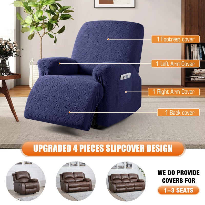 VANSOFY Oversized Recliner Chair Cover, 4-Pieces Stretch Recliner Covers for Recliner Chair Soft Reclining Chair Slipcover Jacquard Pattern Furniture Protector for Dogs Cats(Navy Blue) - Image 3