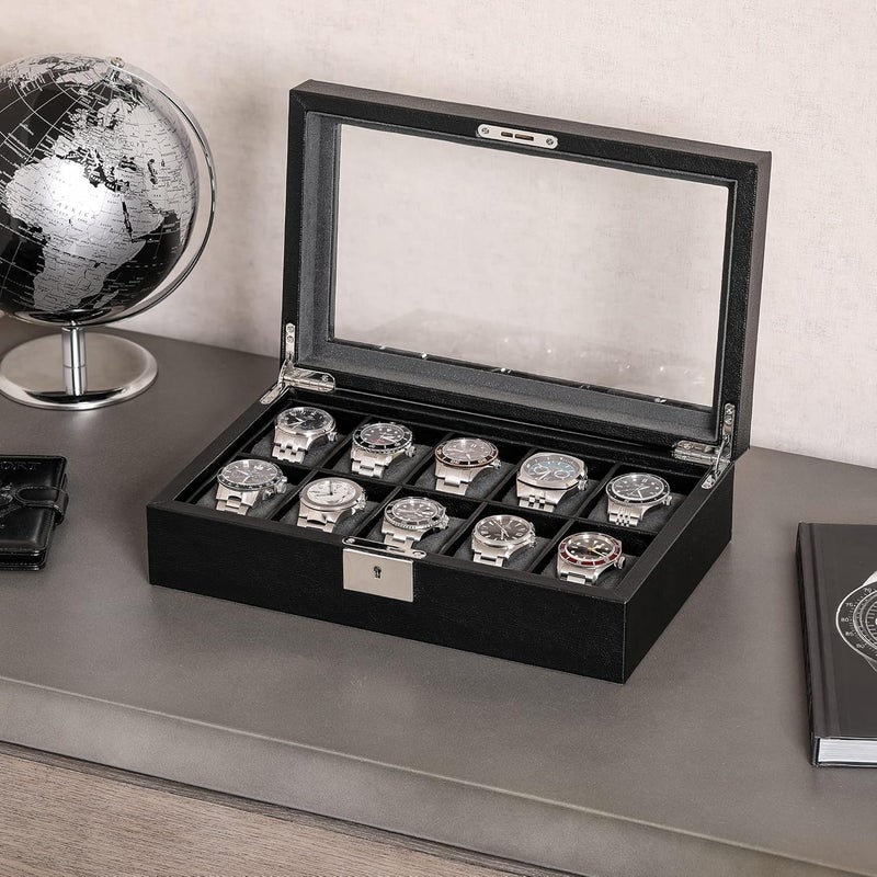 ROTHWELL 10 Slot Leather Watch Box - Luxury Case Display Jewelry Organizer - Locking Watch Display Case Holder with Large Glass Top - Box Organizer for Men and Women (Black/Grey) - Image 3