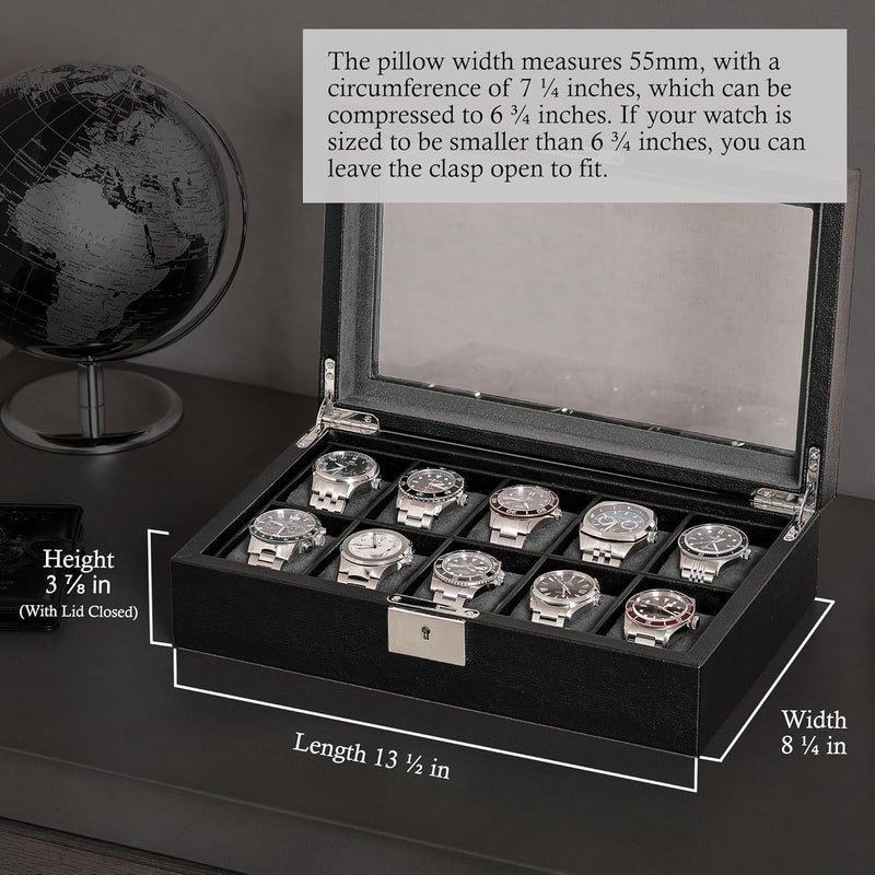 ROTHWELL 10 Slot Leather Watch Box - Luxury Case Display Jewelry Organizer - Locking Watch Display Case Holder with Large Glass Top - Box Organizer for Men and Women (Black/Grey) - Image 2
