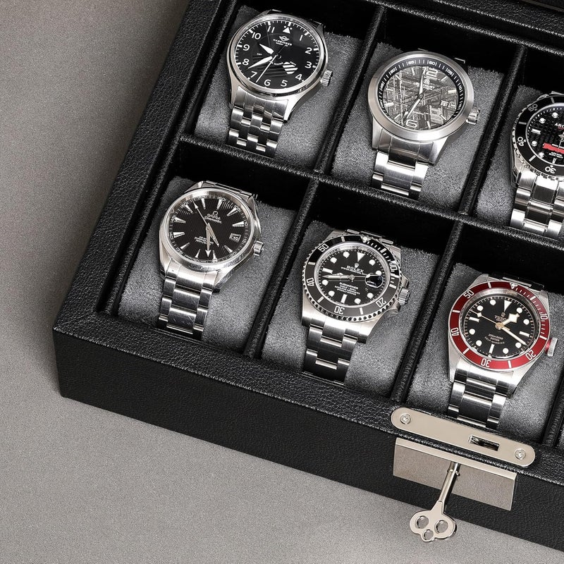ROTHWELL 10 Slot Leather Watch Box - Luxury Case Display Jewelry Organizer - Locking Watch Display Case Holder with Large Glass Top - Box Organizer for Men and Women (Black/Grey) - Image 5