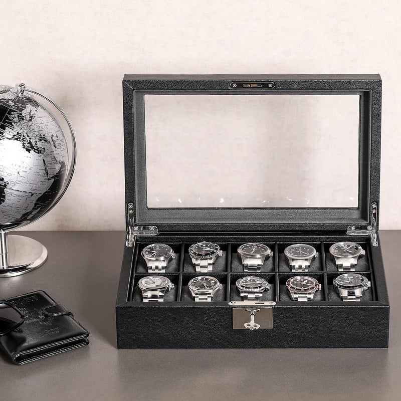 ROTHWELL 10 Slot Leather Watch Box - Luxury Case Display Jewelry Organizer - Locking Watch Display Case Holder with Large Glass Top - Box Organizer for Men and Women (Black/Grey) - Image 4