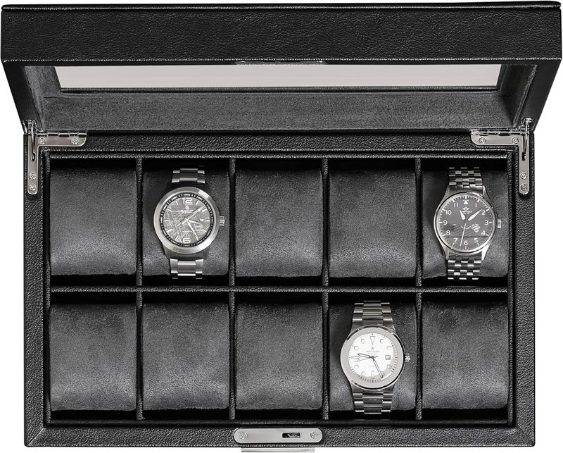 ROTHWELL 10 Slot Leather Watch Box - Luxury Case Display Jewelry Organizer - Locking Watch Display Case Holder with Large Glass Top - Box Organizer for Men and Women (Black/Grey) - Image 1