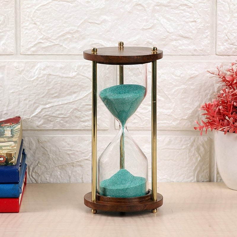Exim Decor Exim Decor Wooden and Brass Multi Color Sand Timer Hour Glass Sandglass Clock Ideal for Exercise Tea Making Antique Nautical Dcor Theme Height 55 Inches 5 Minutes Green - Image 1