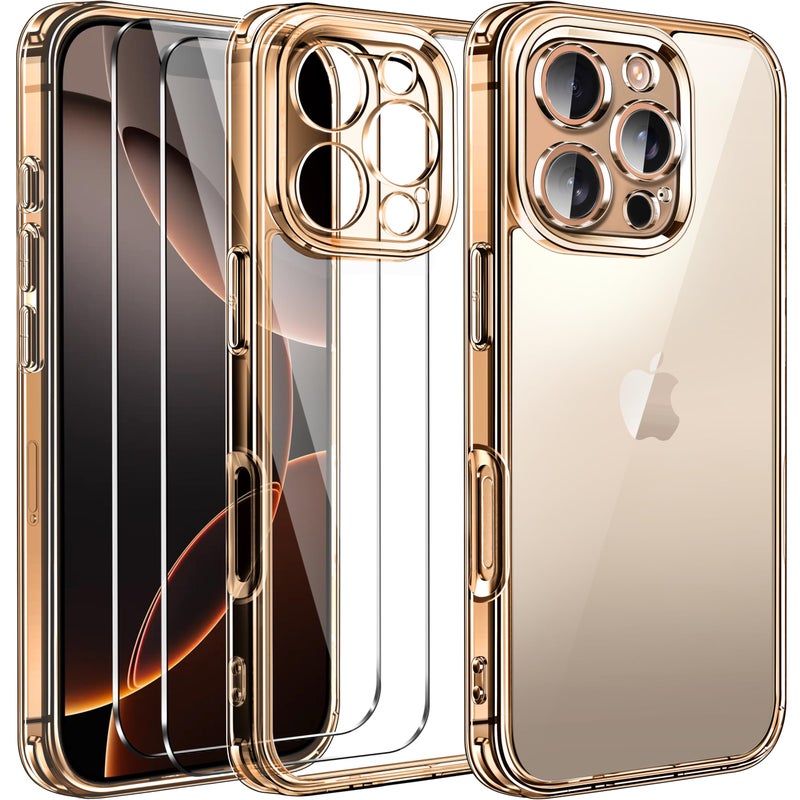 ivoler 3-in-1 Clear Case Designed for iPhone 16 Pro Max 6.9'' 2024 with 2 Pack Tempered Glass Screen Protector Military Shockproof Protective Hard Back Slim Phone Cove- Gold - Image 1