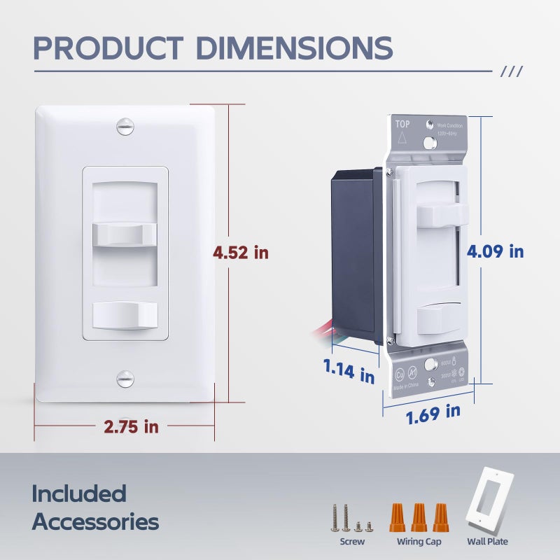 ECOELER Dimmer Switch, Single Pole/3-Way LED Rocker Dimmer Light Switch for 150W LED/CFL and 600W Halogen/Incandescent Bulbs, Wall Plate Included, ETL Listed, White - Image 5