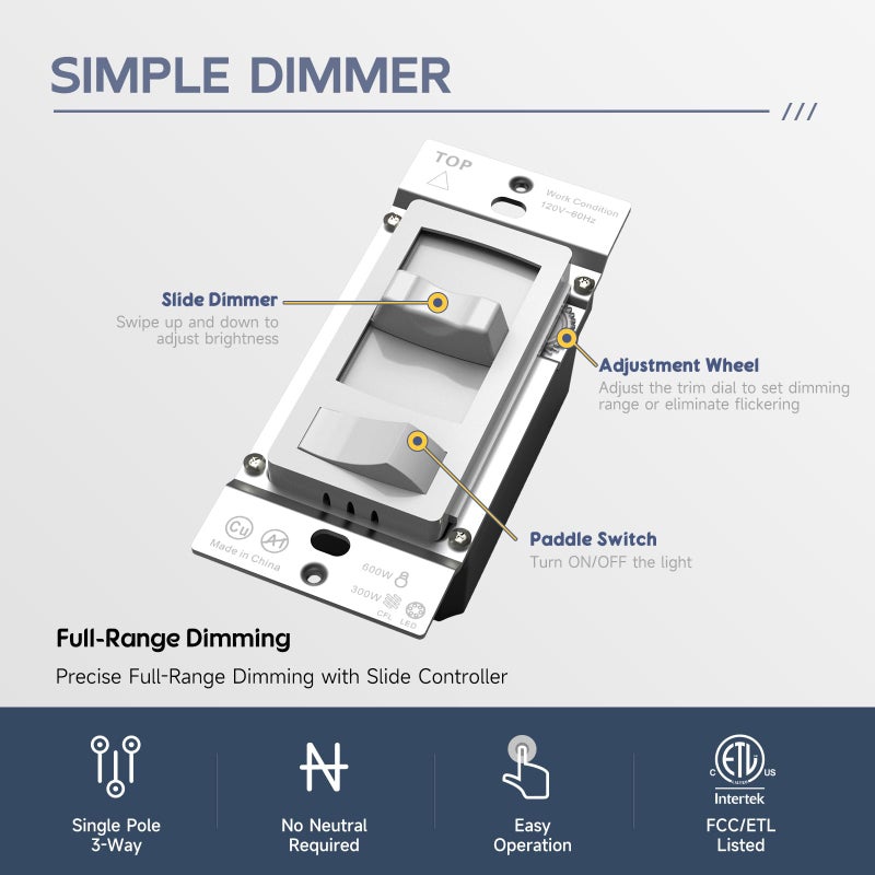 ECOELER Dimmer Switch, Single Pole/3-Way LED Rocker Dimmer Light Switch for 150W LED/CFL and 600W Halogen/Incandescent Bulbs, Wall Plate Included, ETL Listed, White - Image 3