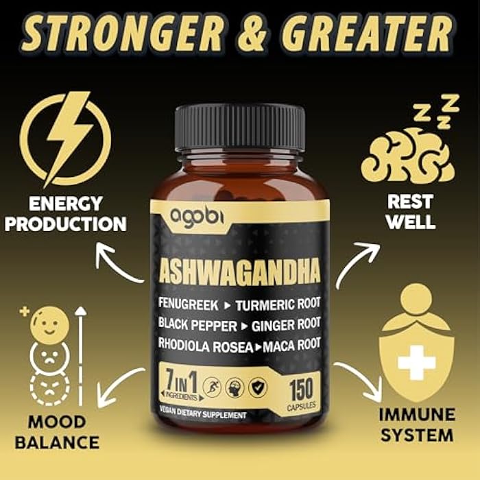 agobi Ashwagandha Extract Capsules 7 Herbal Ingredients 8050 mg - Blended Fenugreek, Maca, Turmeric, Rhodiola, Ginger & Black Pepper - Sleep, Spirit, Immune & Energy Support - 5-Month Supply - Image 3