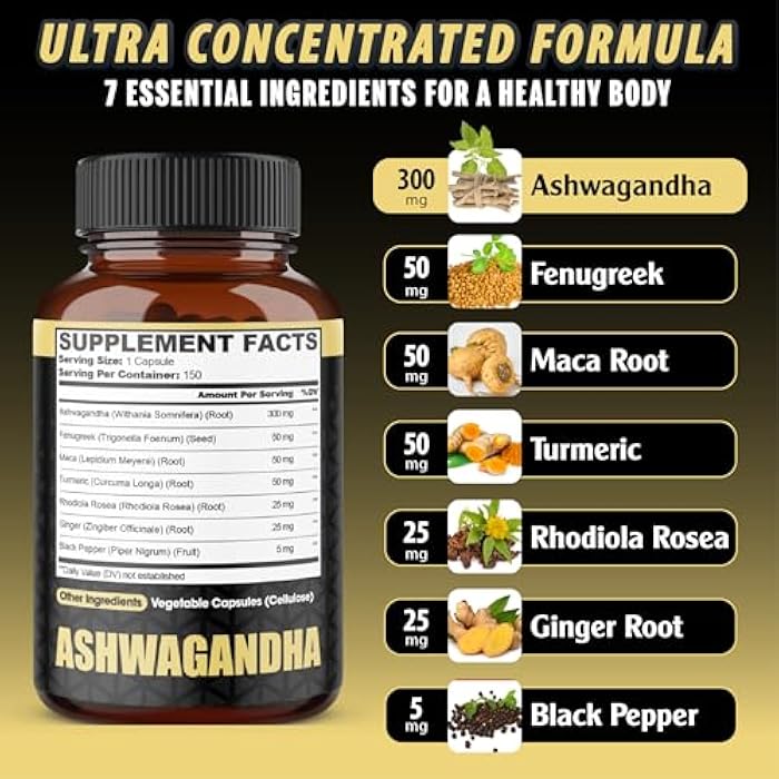 agobi Ashwagandha Extract Capsules 7 Herbal Ingredients 8050 mg - Blended Fenugreek, Maca, Turmeric, Rhodiola, Ginger & Black Pepper - Sleep, Spirit, Immune & Energy Support - 5-Month Supply - Image 2
