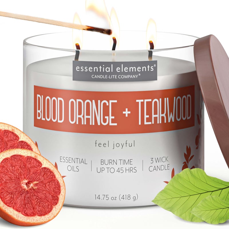Essential Elements by Candlelite Scented Candles Blood Orange Teakwood Fragrance One 1475 oz ThreeWick Aromatherapy Candle with 45 Hours of Burn Time OffWhite Color