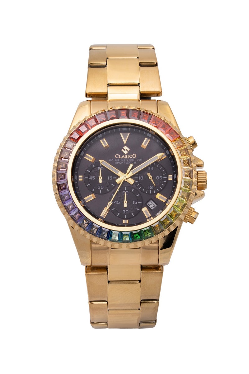 Clasico ساعة كروم 6-أيدي كرونوغراف للرجال - ذهبية وسوداء مع إطار مرصع بالياقوت الأسود وسوار فولاذي - حركة ي121 النخبوية - تصميم مقاوم للماء - Image 1