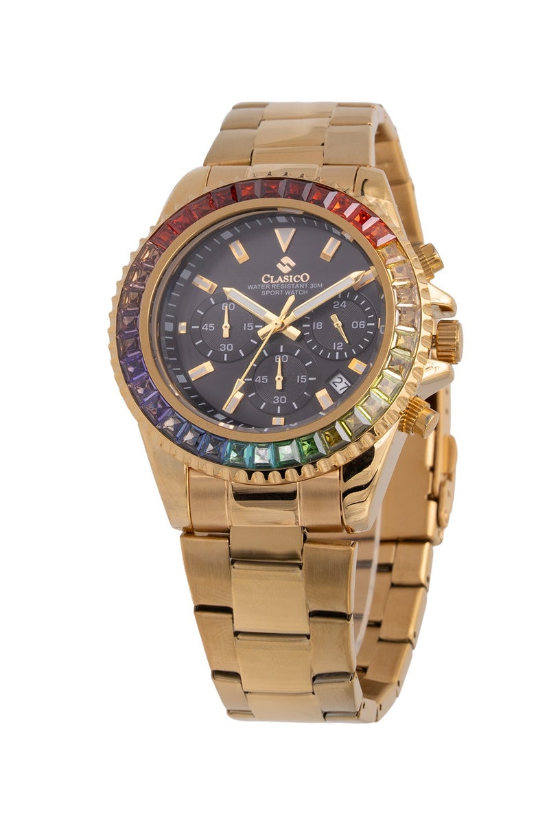Clasico ساعة كروم 6-أيدي كرونوغراف للرجال - ذهبية وسوداء مع إطار مرصع بالياقوت الأسود وسوار فولاذي - حركة ي121 النخبوية - تصميم مقاوم للماء - Image 2
