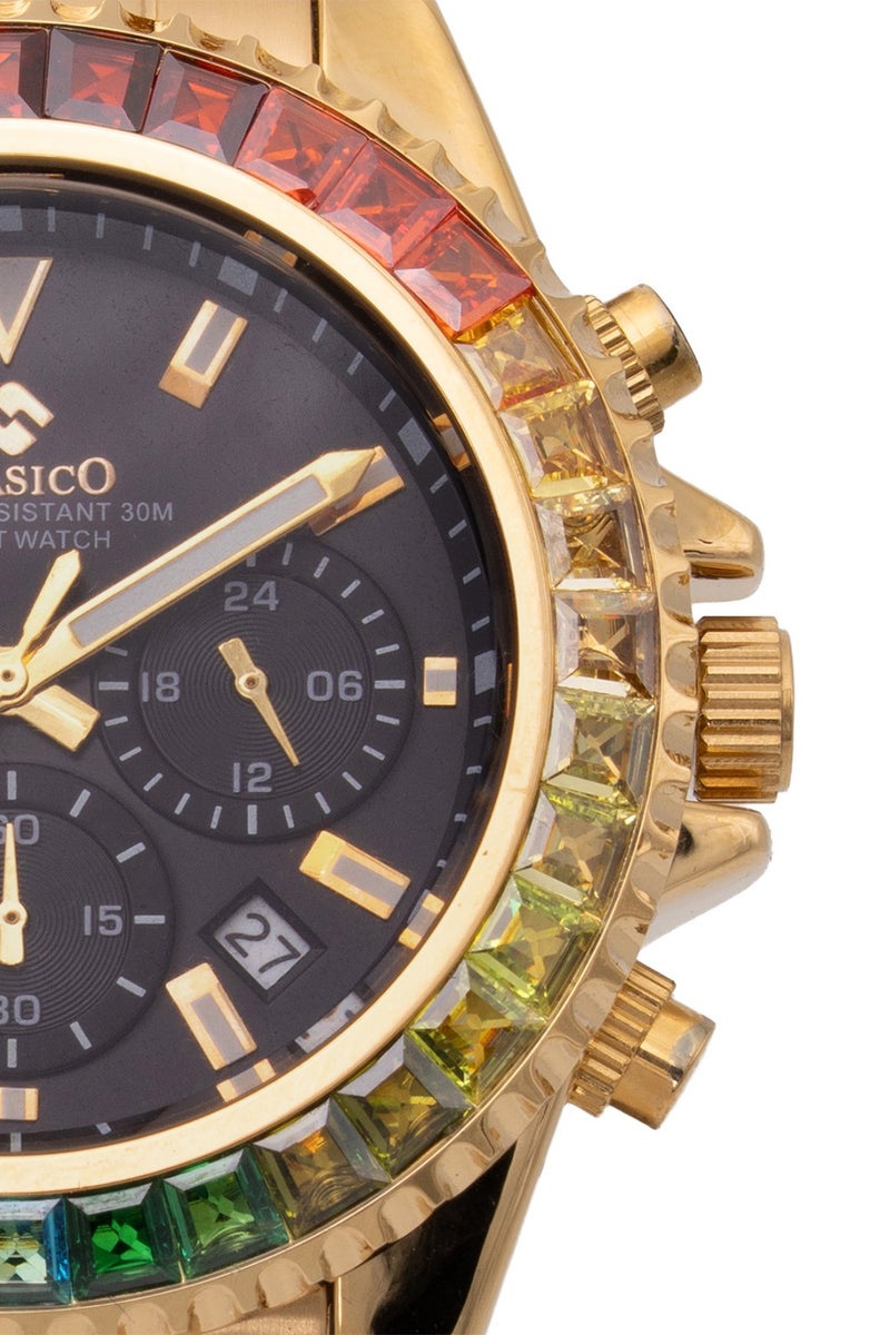 Clasico ساعة كروم 6-أيدي كرونوغراف للرجال - ذهبية وسوداء مع إطار مرصع بالياقوت الأسود وسوار فولاذي - حركة ي121 النخبوية - تصميم مقاوم للماء - Image 3