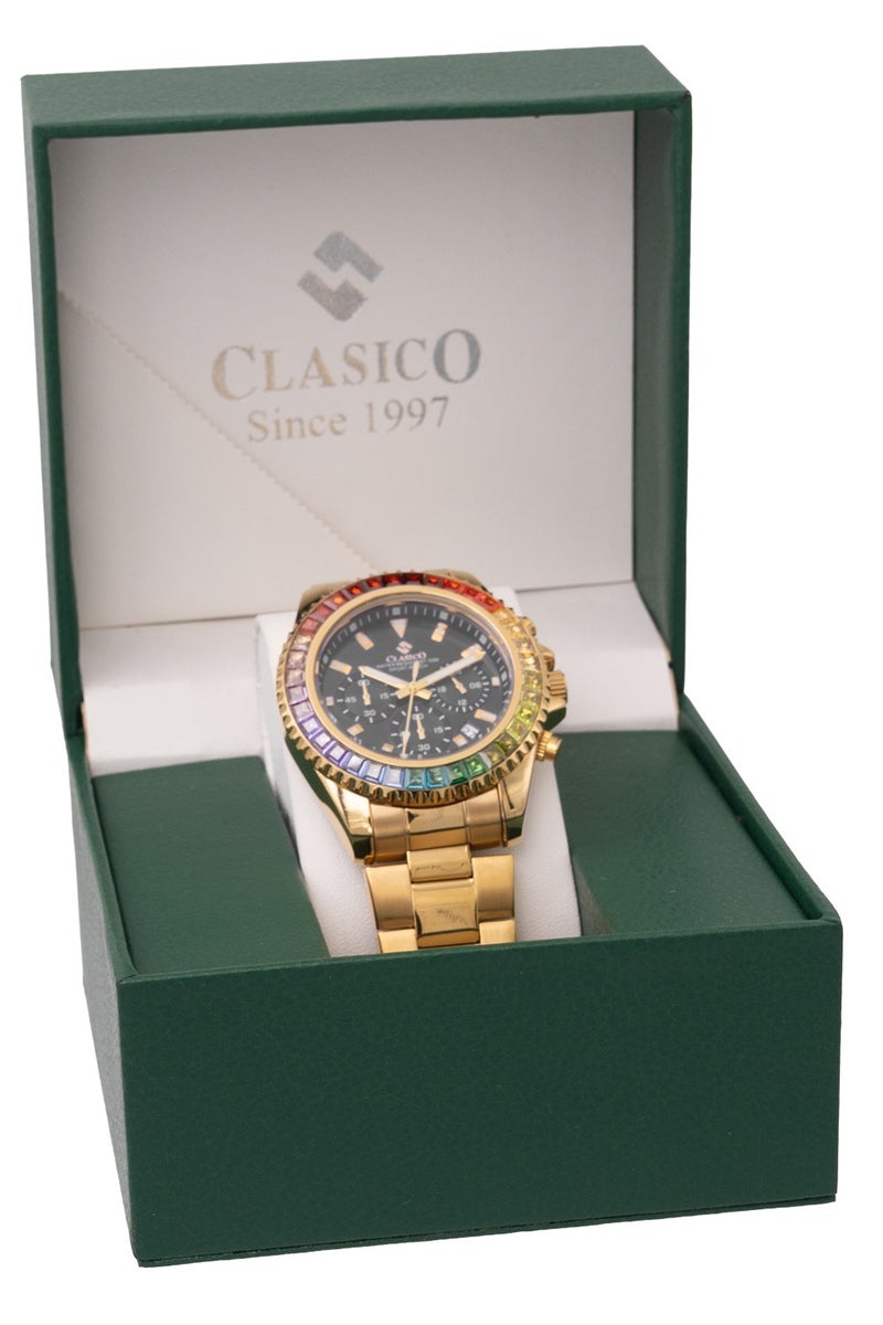 Clasico ساعة كروم 6-أيدي كرونوغراف للرجال - ذهبية وسوداء مع إطار مرصع بالياقوت الأسود وسوار فولاذي - حركة ي121 النخبوية - تصميم مقاوم للماء - Image 5