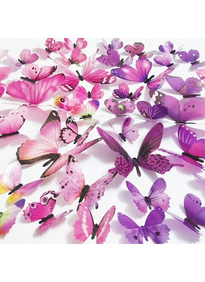 Ewong Ewong Butterfly Wall Decals 48PCS 3D Butterflies Decor Removable Mural Sticker Wall Art Home Decoration Kid Girl Bedroom Bathroom Baby Room Nursery Classroom Office Party (Pink Purple)  - Image 1