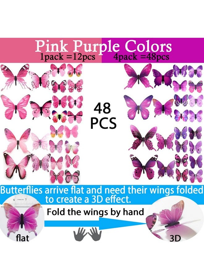 Ewong Ewong Butterfly Wall Decals 48PCS 3D Butterflies Decor Removable Mural Sticker Wall Art Home Decoration Kid Girl Bedroom Bathroom Baby Room Nursery Classroom Office Party (Pink Purple)  - Image 3