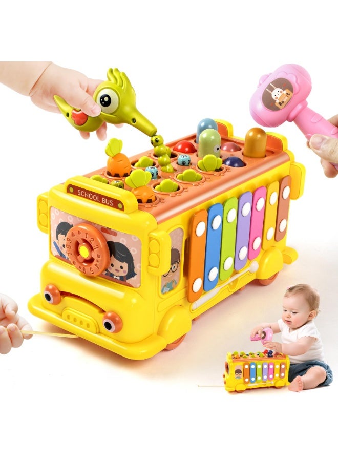 WangPangZi Busy Activity Bus Toy for Toddlers Age 3+, 10-in-1 Montessori Sensory Learning Toy with Shape Sorting Xylophone Radish Pulling Whack-a-Mole Clock Driving, Smart Gears Educational Toy for Boys & Girls - Image 1