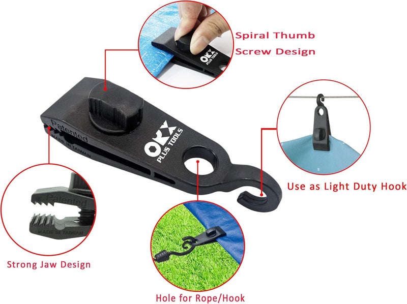 ORX PLUS TOOLS ORXPLUS Tools 4pcs Thumb Screw Tarp Clips with Hook, Tent Clamps, Awning Clamp Set for Camping Canopies, Car Cover, Winter Boat, Pool, Sun Shade (Pack of 2) - Image 3