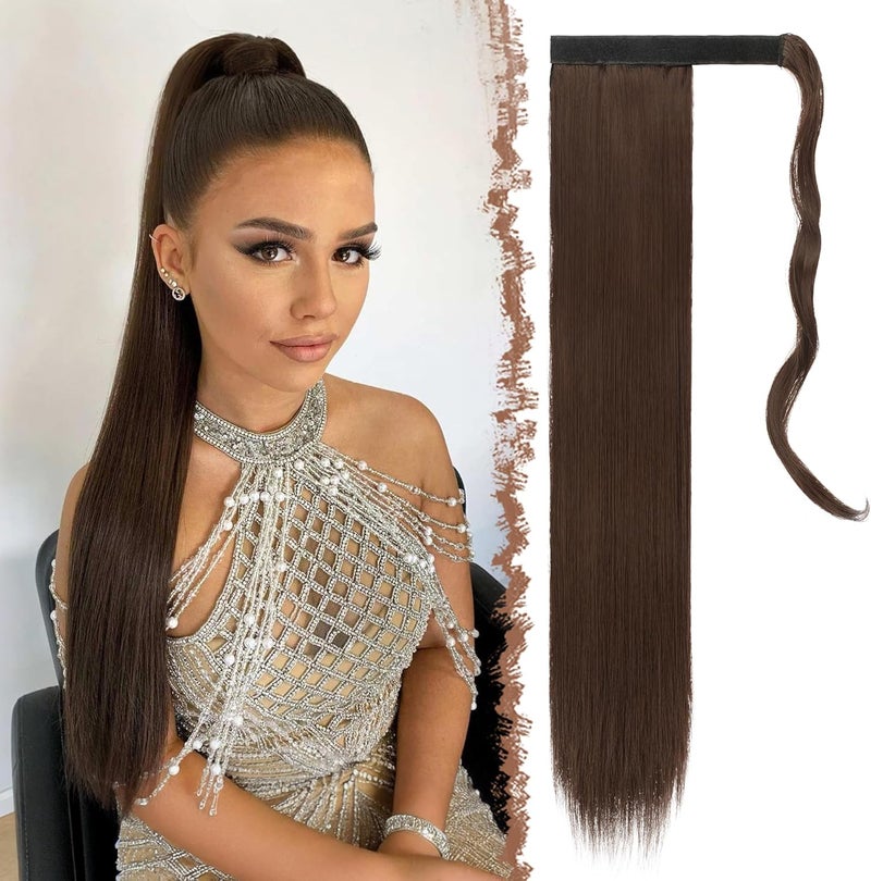 FESHFEN Straight Ponytail Extensions Long Wrap Around Ponytail Synthetic Clip in Pony Tail Hair Extensions Medium Brown Hairpiece for Women 28 inch
