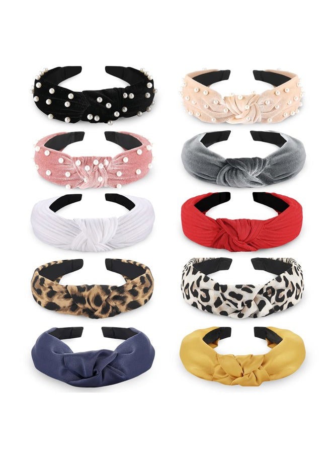 Funtopia Fashion Headbands for Women Girls, 10 Pcs Knotted Pearl Wide Top Knot Turban Hair Bands/ Hoops Vintage Velvet Leopard Print - Image 1