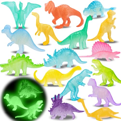 AugToy 16PCS Glow in Dark Mini Dinosaur Figures for Kids Birthday Party Favors Supplies Dino Cupcake Topper Decoration Goodie Treat Bag Stuffers Pinata Fillers Treasure Carnival Prizes Valentines Day Gifts - Image 1