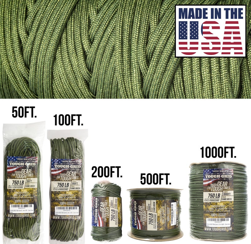 TOUGH-GRID Premium 750lb Paracord Rope - Made in USA - 100% Nylon Type IV Mil-Spec - UV & Abrasion Resistant - Heavy Duty Strands - Outdoor Survival Rope - Used by US Military - 200 ft - Camo Green - Image 1