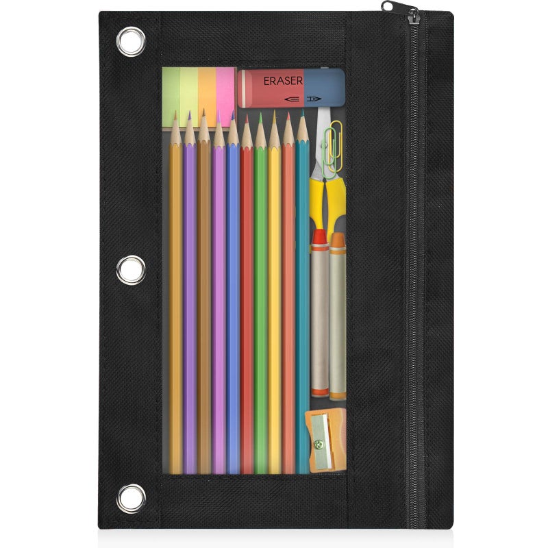 Shemira Pencil Pouch for 3 Ring Binder, Binder Pencil Pouch with Smooth Zipper, Clear Window Pencil Case for Binder, Zipper Pencil Pouches, Big Capacity 3 Ring Binder Pencil Bag, Black - Image 1