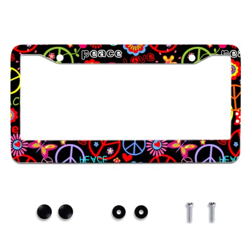 Omw2fyb Personalise Hippies Peace Flower License Plate Frames Colored License Plate Frame Car Universal Stainless Steel Accessories Cars Decor 2 Holes Screws Fits Standard US Vehicles Size 12.2 x 6 Inches - Image 1