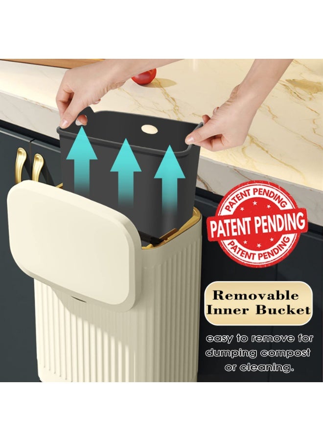 Kitchen Hanging Trash Can with Lid, 2.1 Gallon (8L) Wall-Mount Compost Bin, Ivory White - Image 4