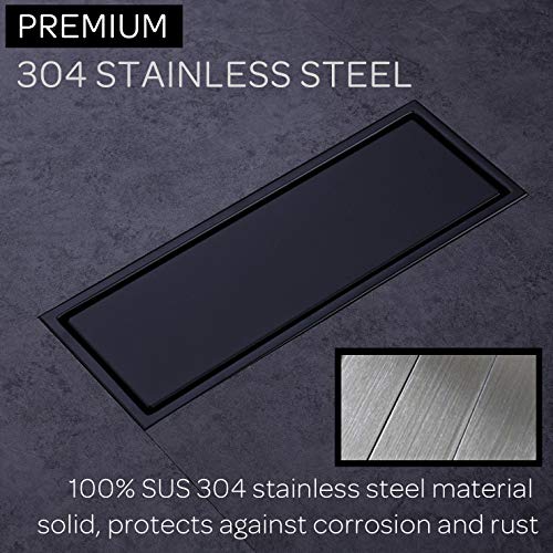 Orhemus 304 Stainless Steel Linear Shower Floor Drain with Tile Insert Grate Removable Cover 12 inch Long Rectangle, Matte Black Plated Finish - Image 3