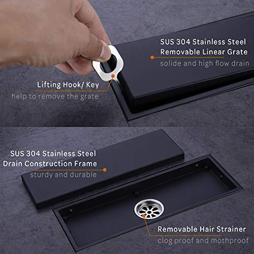 Orhemus 304 Stainless Steel Linear Shower Floor Drain with Tile Insert Grate Removable Cover 12 inch Long Rectangle, Matte Black Plated Finish - Image 5